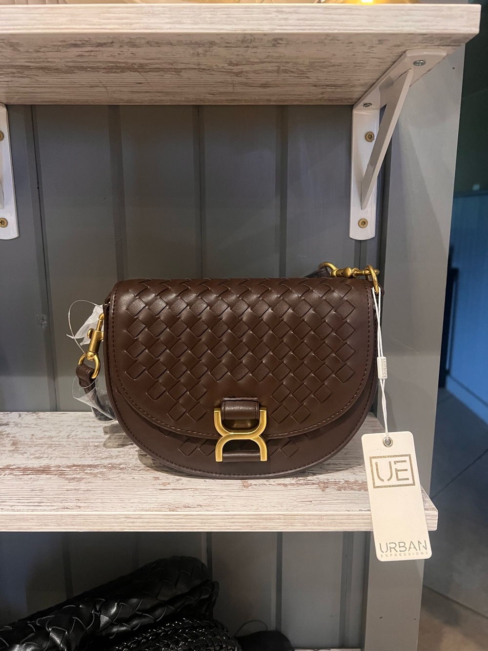 Urban Expressions Dark Brown Woven Leather Crossbody with Gold Hardware